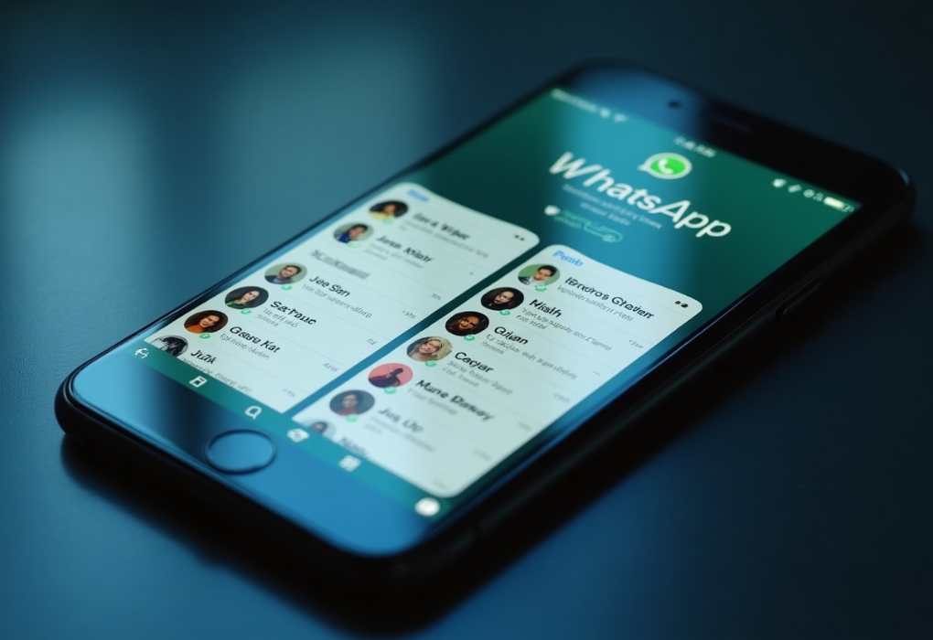 Illustration showing WhatsApp's multi-account feature on an iPhone, allowing users to switch between profiles