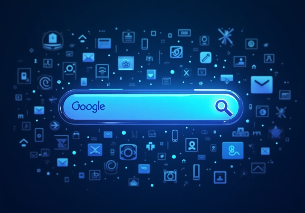 A digital illustration of a futuristic Google search bar with an AI-generated response replacing traditional links, surrounded by fading website icons.