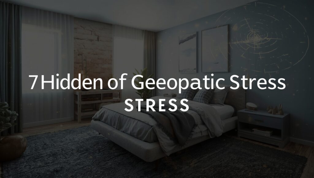 Illustration of a bedroom with energy waves and underground water lines symbolizing geopathic stress and its hidden effects on health.