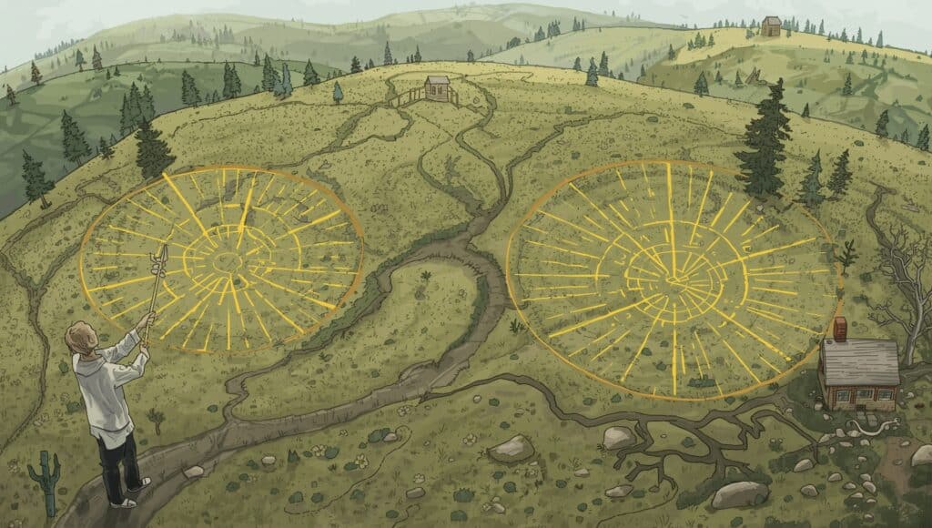 Person using a dowsing rod to detect geopathic stress zones, with energy patterns marked on the ground to illustrate disturbed areas.
