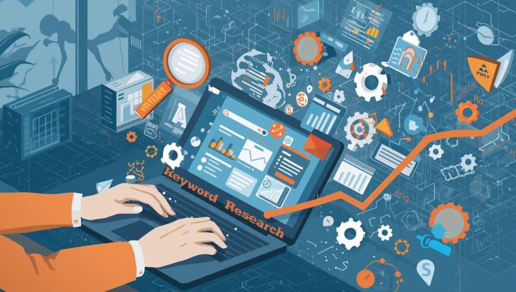 Illustration of keyword research for SEO, with a person analyzing keywords, search results, and graphs on a laptop.