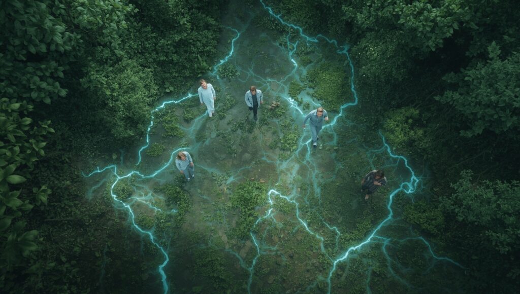 Illustration of underground water channels with glowing blue lines beneath a natural landscape, showing people experiencing stress or unease above ground, symbolizing the effects of geopathic stress.