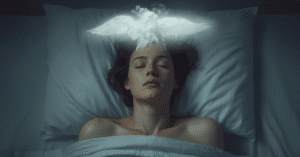 A person experiencing sleep paralysis while lying in bed, showing fear and immobility during sleep.