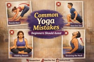 Infographic showing common yoga mistakes such as rounded back, knee over toes, holding breath, and neck strain during yoga poses