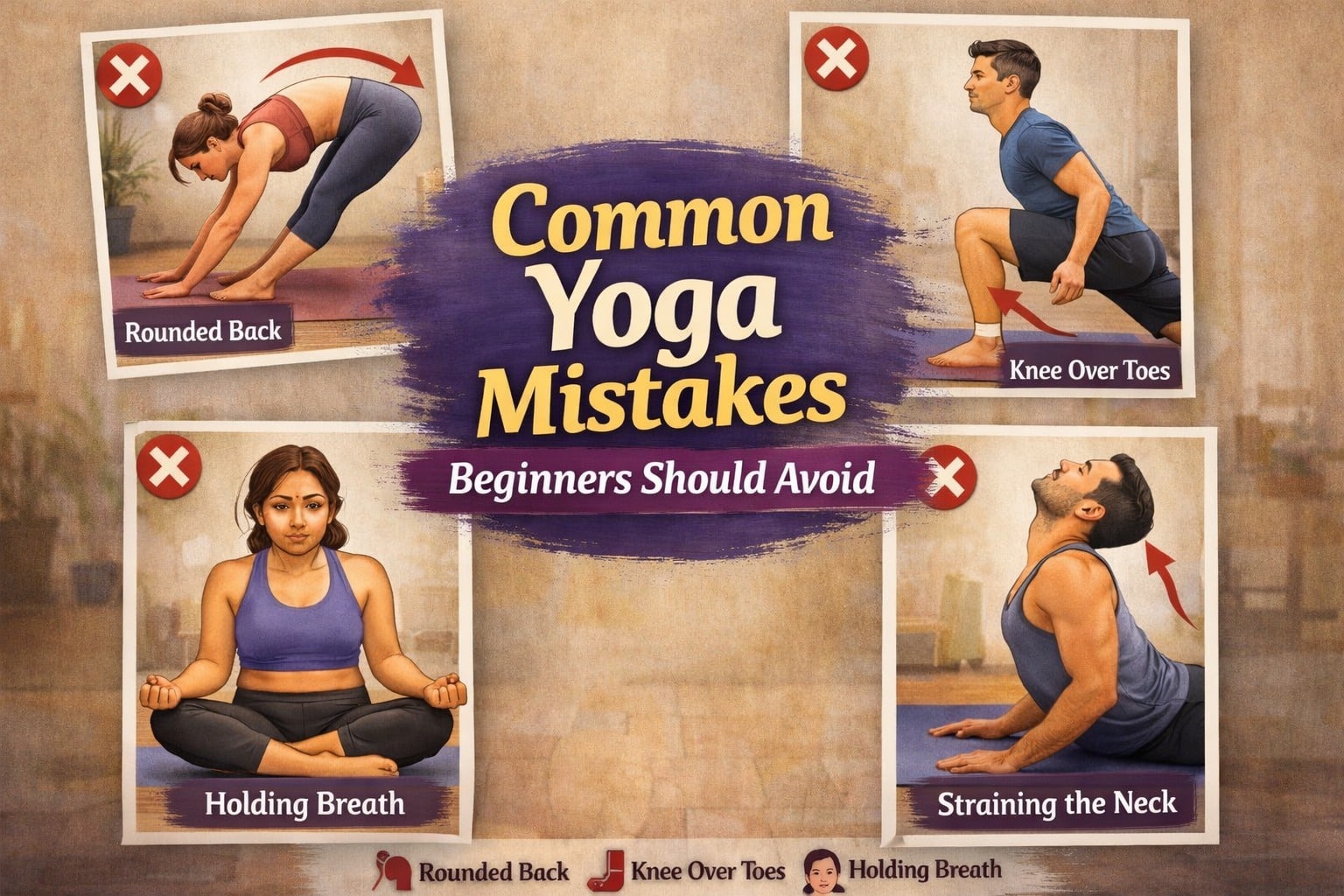 Infographic showing common yoga mistakes such as rounded back, knee over toes, holding breath, and neck strain during yoga poses