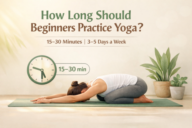 Beginner doing yoga in child’s pose with text showing 15–30 minutes practice time and 3–5 days per week recommendation.