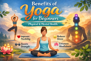 Featured blog image titled “Benefits of Yoga for Beginners: Physical & Mental Health,” showing a serene sunrise landscape with a woman meditating on a yoga mat in the center, a silhouette with glowing chakra points on the right, and a woman in tree pose on the left. Icons highlight key benefits including improved flexibility, boosted strength, reduced stress, and enhanced mindfulness, with lotus flowers and candles adding a calm, peaceful atmosphere.