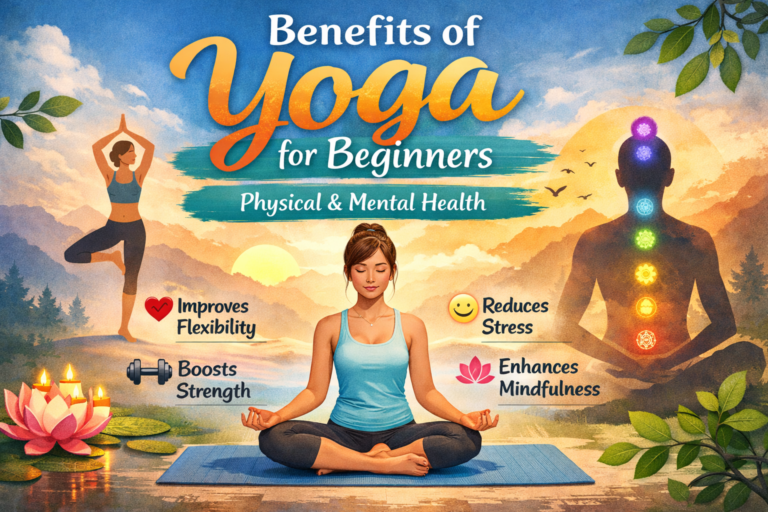Featured blog image titled “Benefits of Yoga for Beginners: Physical & Mental Health,” showing a serene sunrise landscape with a woman meditating on a yoga mat in the center, a silhouette with glowing chakra points on the right, and a woman in tree pose on the left. Icons highlight key benefits including improved flexibility, boosted strength, reduced stress, and enhanced mindfulness, with lotus flowers and candles adding a calm, peaceful atmosphere.